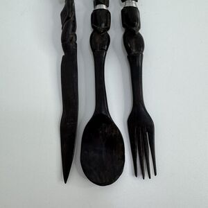 VINTAGE AFRICAN ZULU HAND CARVED WOOD SERVING SET SPOON FORK Knife 10”